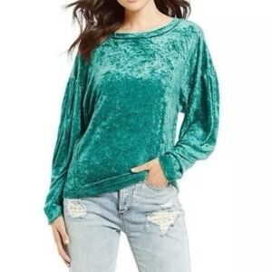 WE THE‎ FREE Milan Sea Velvet Top Turquoise Green Relaxed Balloon Sleeve L